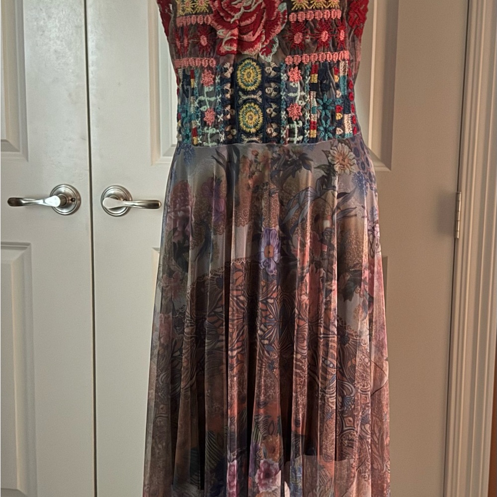 Johnny Was Red and Blue Floral Midi Dress